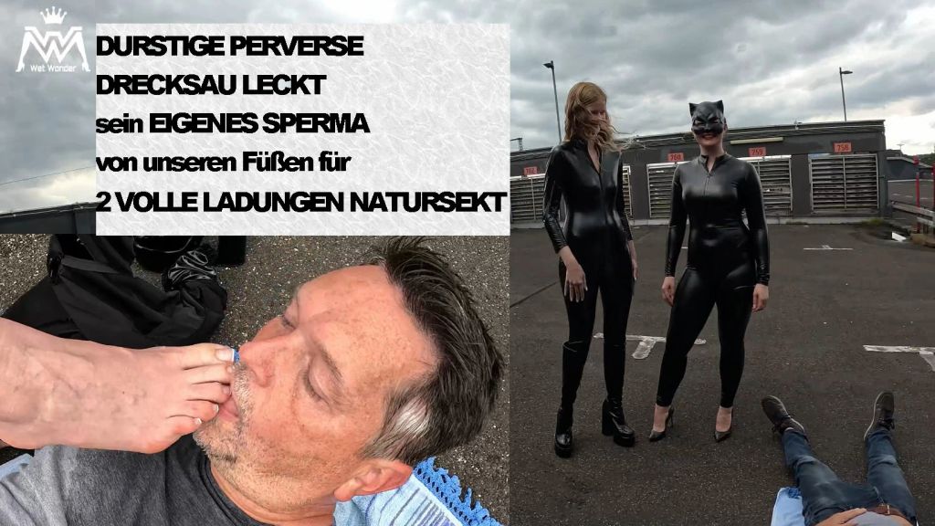 DURSTIGE-DRECKSAU LECKT sein SPERMA von unseren Füßen!